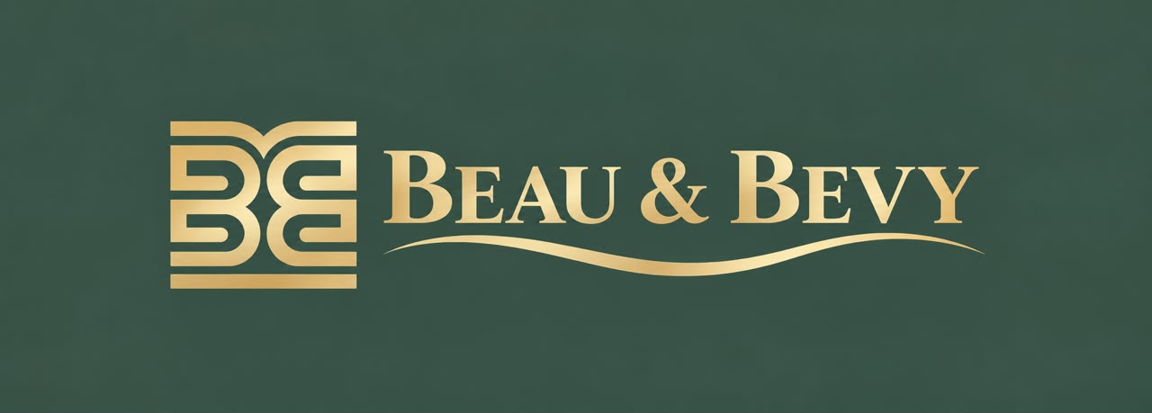 Beau and Bevy gold brand mark on a deep green background