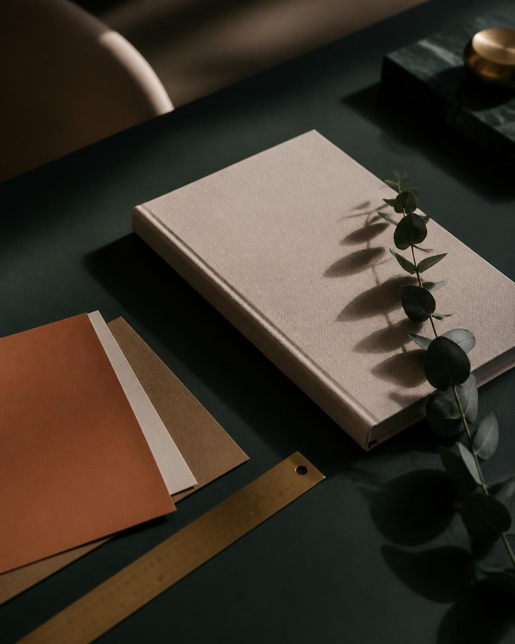 Verve & Vine studio desk with a brand dossier, colour swatches and a brass ruler
